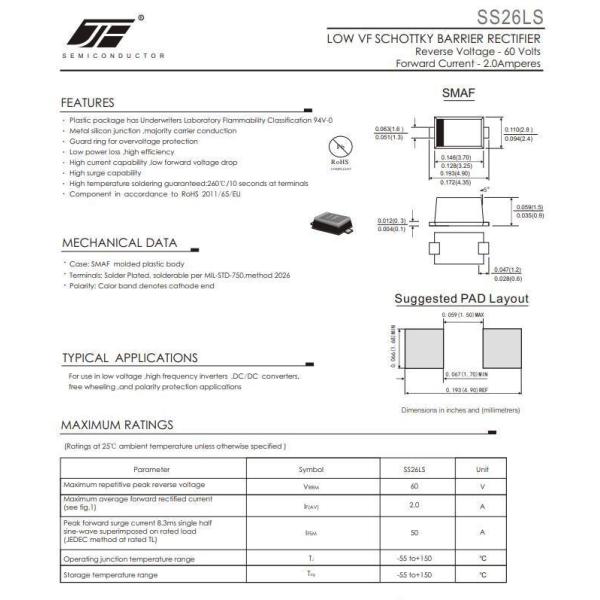 SS26LS Series Low Vf Schottky Diode Alloy Silicon Structure For Your Requirements
