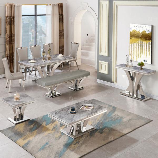 Narrow Luxury Faux Marble Dining Table Stainless Steel 200cm Grey