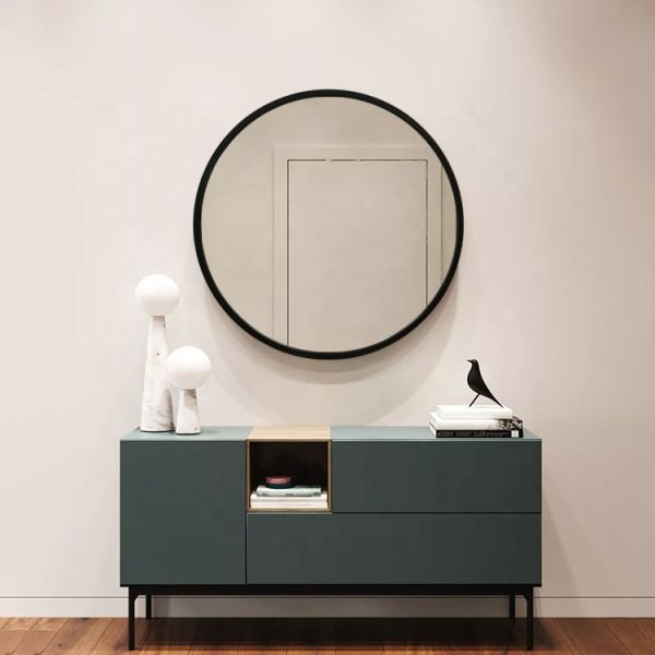 Vintage Solid Wood Frame Wall Mirror , Round Wall Mounted Bathroom Vanity Mirror