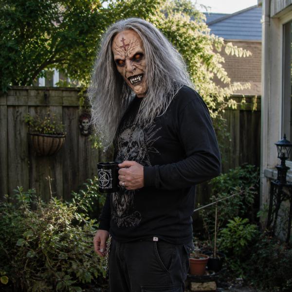Scary Demonic Elder Zombie Latex Full Head Mask with Gray Hair Wrinkled Rotting Skin Red Glowing Eyes Sharp Horror Teeth Realistic Horror Costume Prop for Halloween Cosplay Party Haunted House