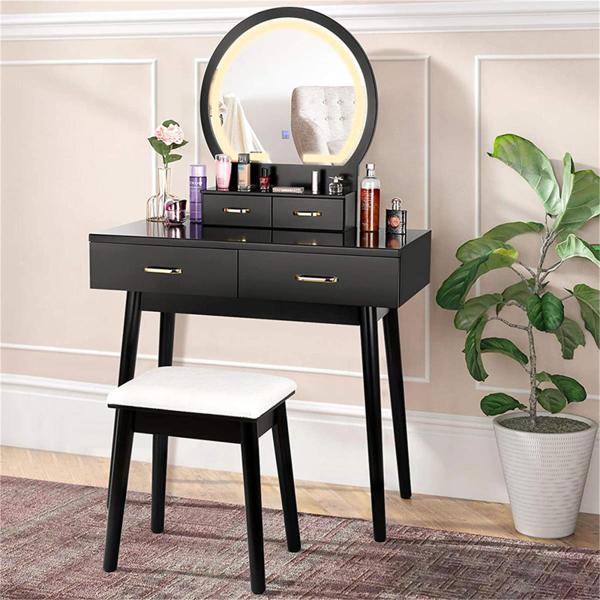 Black MDF Wood 140cm Height Makeup Dresser With Lighted Mirror