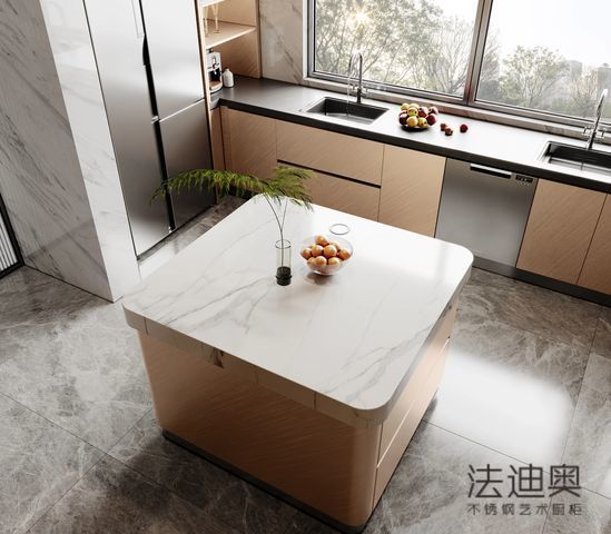 Armoire de cuisine Fadior en acier inoxydable - Ton beige, agencement en îlot, quincaillerie de qualité supérieure et rangement personnalisé