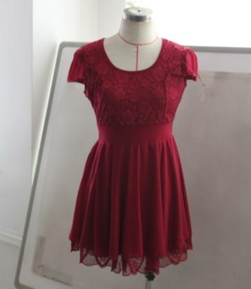Ruffled style Solid color Scoop neck Lace short sleeves Slimming Burnt-out dress for Women
