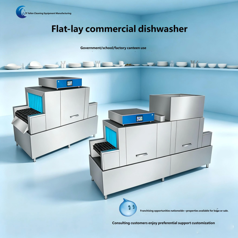 Commercial Flat Tunnel Dishwasher, Fully Automatic Washing and Drying Equipment for Plates and Bowls Used in Corporate Canteens and Restaurants