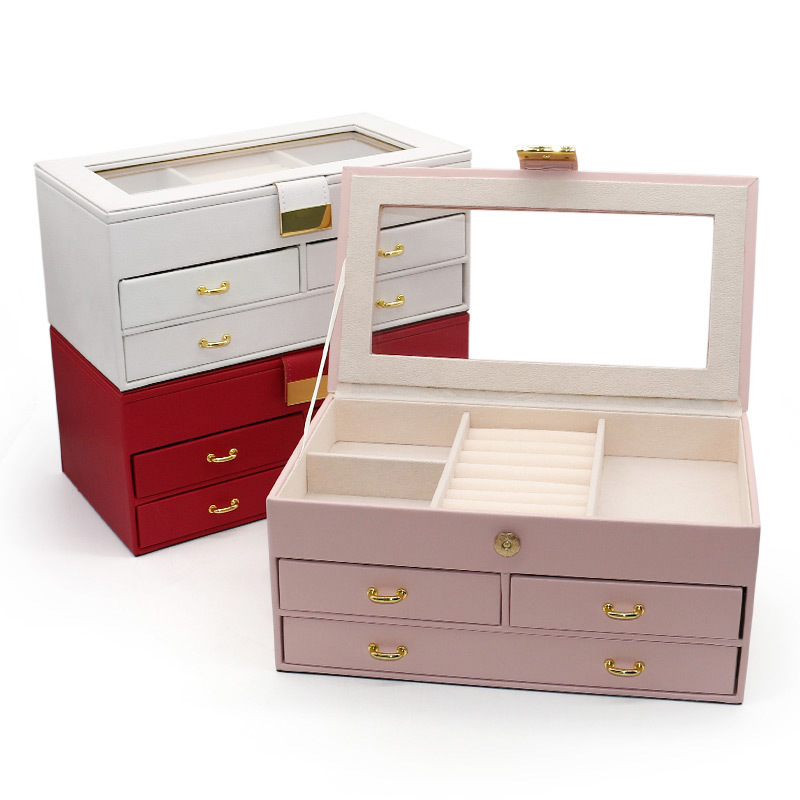 Luxury PU Leather Jewelry Box Organizer Custom Logo Transparent Cover 265x150x120mm