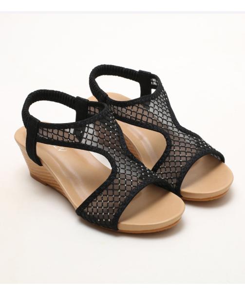 BS150 Wedge Heel Sandals Women'S Summer New Fashion Elastic Band Mid-Heel Fish Mouth Breathable Mesh Roman Shoes Sandals
