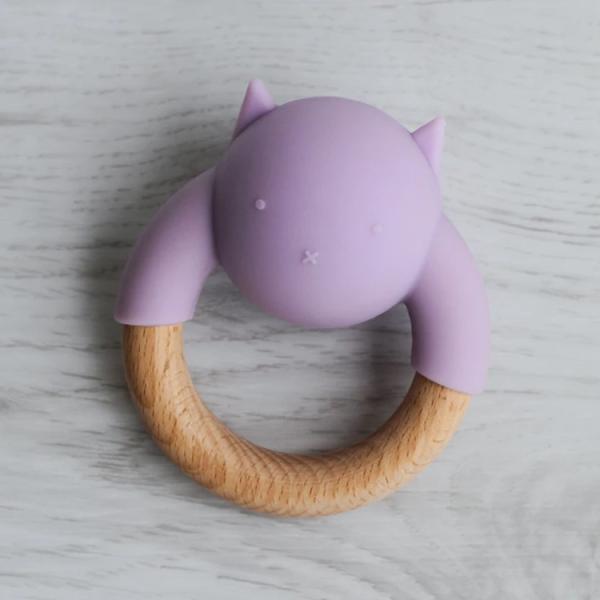 FDA Silicone Baby Wooden Teething Ring Rattle Ball Wooden Animal Teether