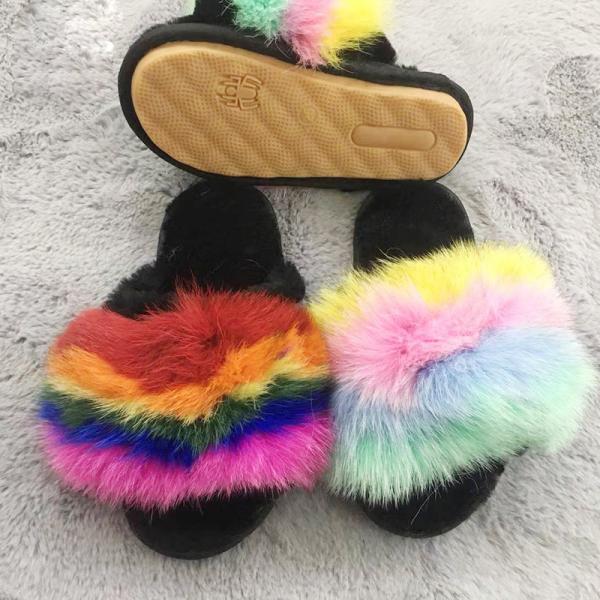 Fashion Multi - Color Spliced Vamp With Plush Middle Sole Fluffy Slippers Real Fox Fur Slide For Women