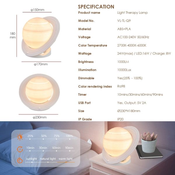 SAD Saturn Light Therapy Lamp, 10000 Lux, 3 Color Temperatures, Dimmable & Timer, Remote Control Included
