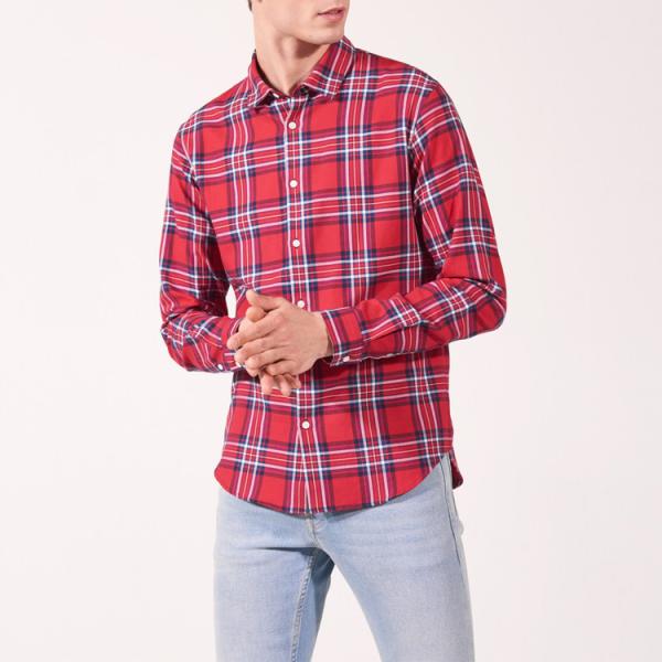 Polyester / Cotton Mens Fashion Casual Shirts , Red Plaid Long Sleeve Shirt
