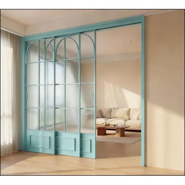 French vintage triple linkage glass door kitchen sliding door aluminum alloy partition door living room balcony floor rail sliding door
