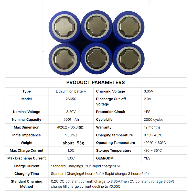 Rechargeable Batteries Cylindrical Cell 26650 Lifepo4 Battery 3.2v 4000mah for Solar Charging