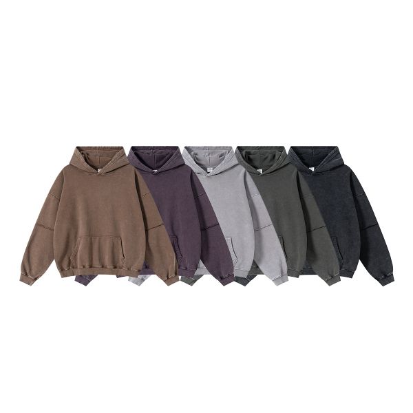 2025 Unisex Winter Pullover Hoodie 100% Cotton 370gsm Oversized Solid Acid Washed Comfort Fit