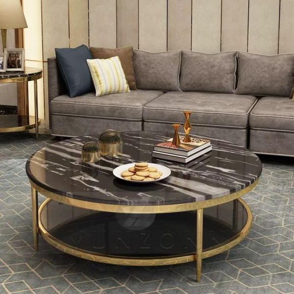 Modern Luxury Round Coffee Table With Double Tempered Glass Metal Center Table for Home Hotel Villa Dining Living Room Use