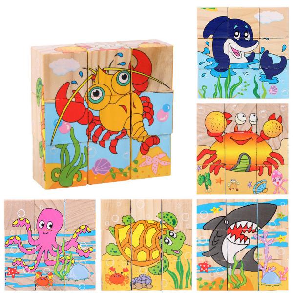 Baby Wooden Block Toys Animal Fruit Early Learning Six Side 3D Cube Jigsaw