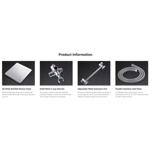 Polished Chrome Square Handheld Zinc Shower Head Combo With Adjustable Extension Arm