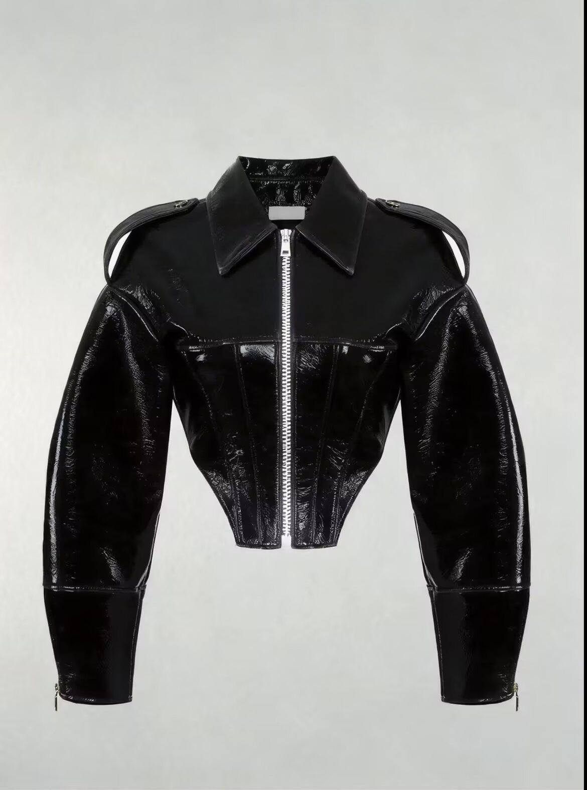 Retro Biker-Style Cropped Jacket in Shiny Faux Patent Leather with Cut-Out Waist Detail