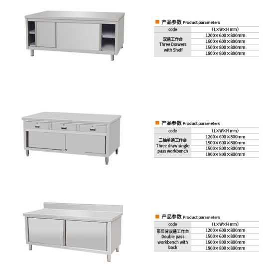 Customized Size Stainless Steel 201/304 Workbench with Sliding Door Design for Commercial Kitchen