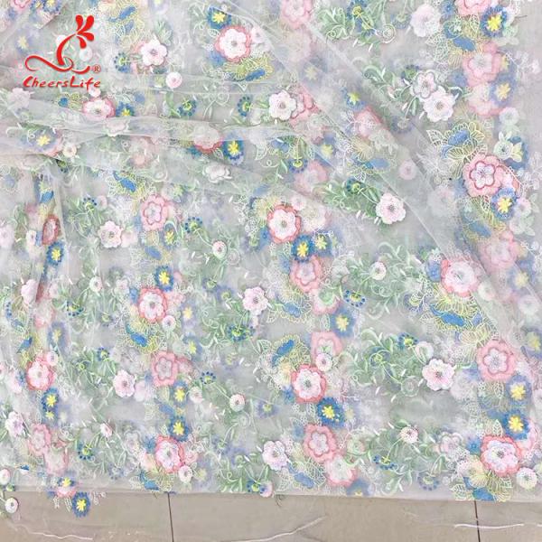 Colorful Floral Embroidery Fabric With Sequins Swiss Mesh Volie Lace