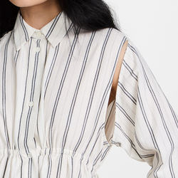                  Ladies Collared Neck Dresses Long Sleeve Side Pocket Cotton Striped Print Shirt Dress for Women             