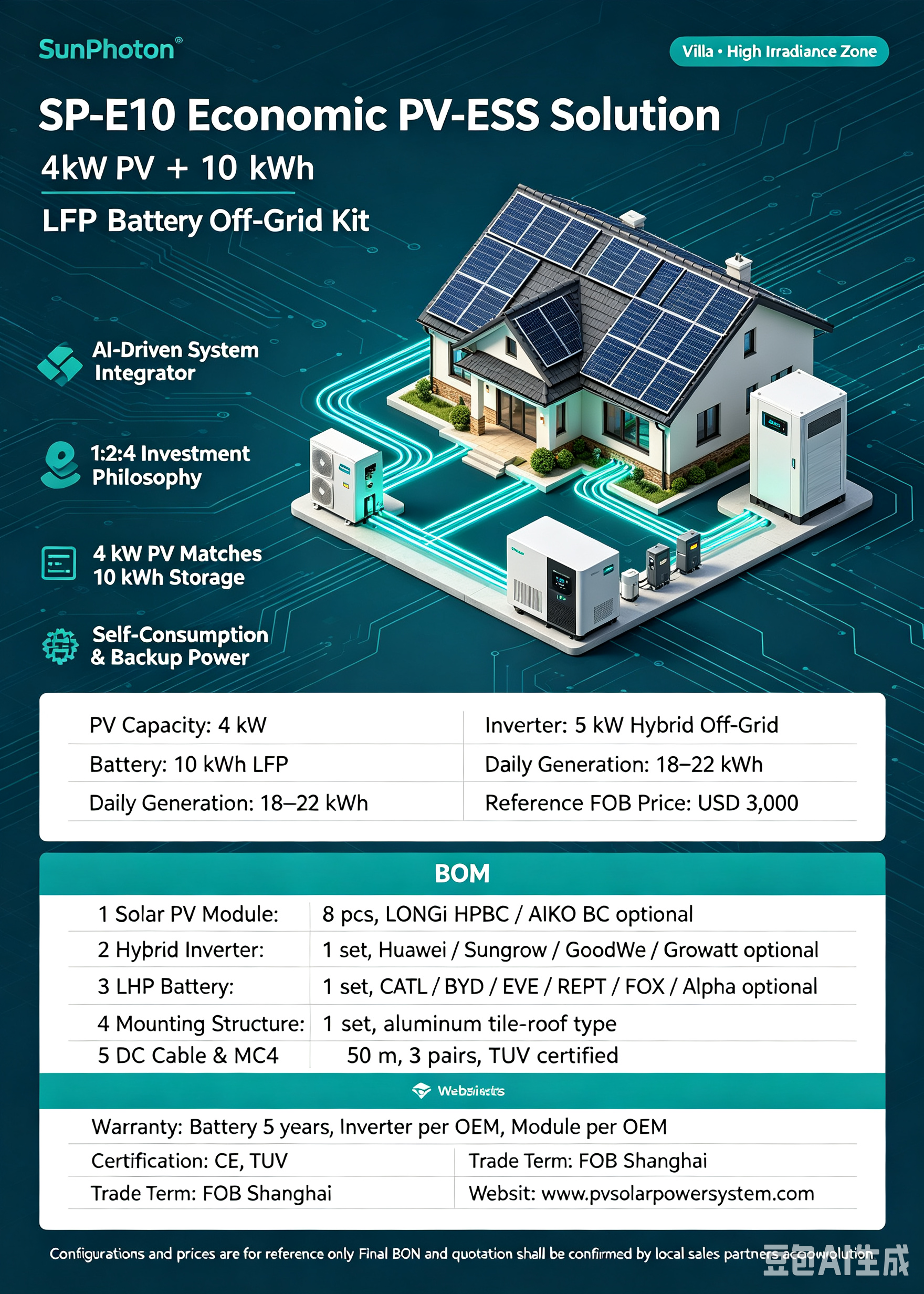 SP E10:4 kW PV +5 kW Inverter +10 kWh LFP Off Grid Kit