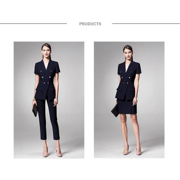 Тёмный военно-морской стиль стройный блейзер для дам офис короткий рукав женские костюмы воротник V-шесть