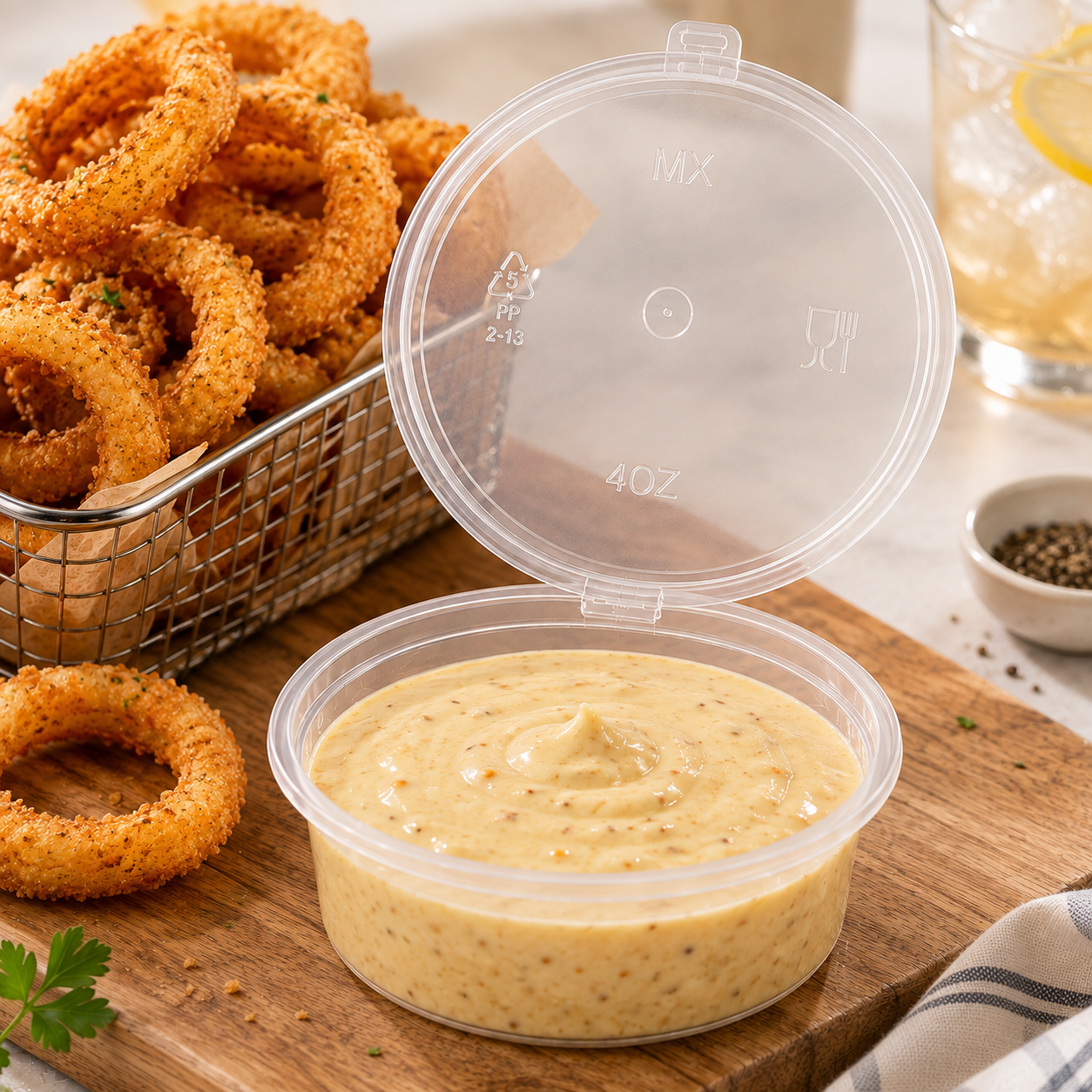 100ml Large Round PP Sauce Cup Hinged for Dressings Snacks Dessert Sides