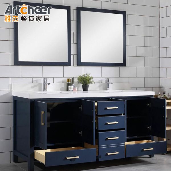 Blue Color Solid Wood Bathroom Vanity Cabinet with Double Basin and Vanity Mirror