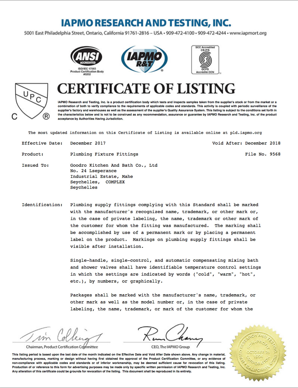 FOSHAN RAD PREFABS COMPANY LIMITED Сертификации