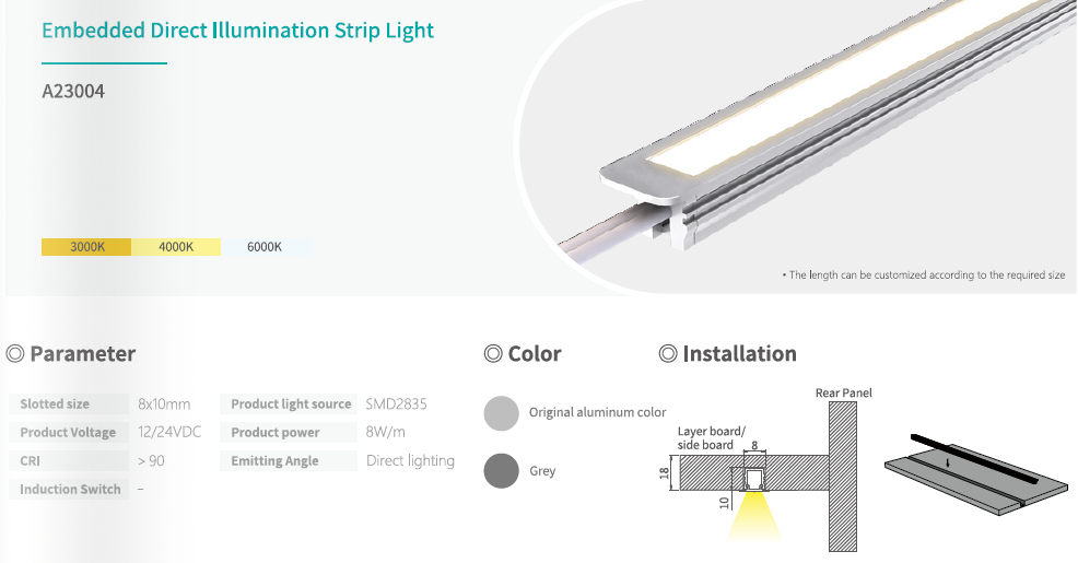 12V/24V 8W/M CRI90+ Under Cabinet Embedded LED Strip Light 15° Oblique And Direct Illumination
