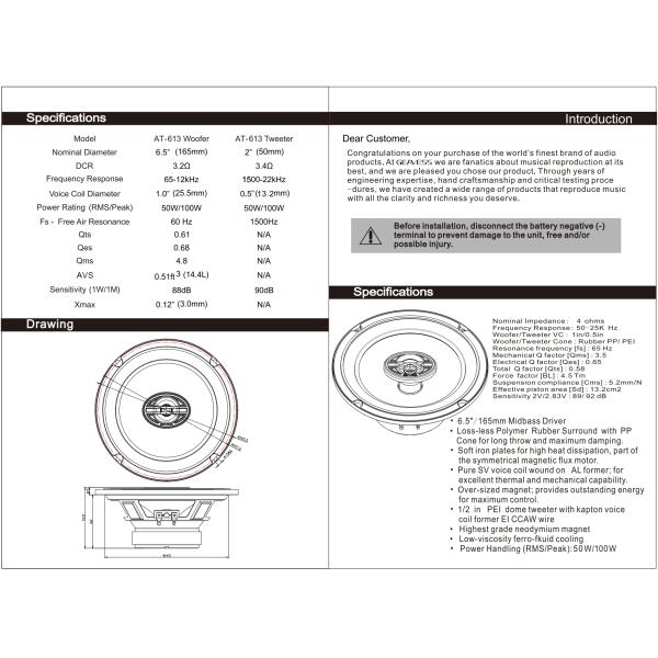 Set of 2 Full Range Coaxial Car Speakers with 6.5 Inches Subwoofer and 1500Hz Tweeter