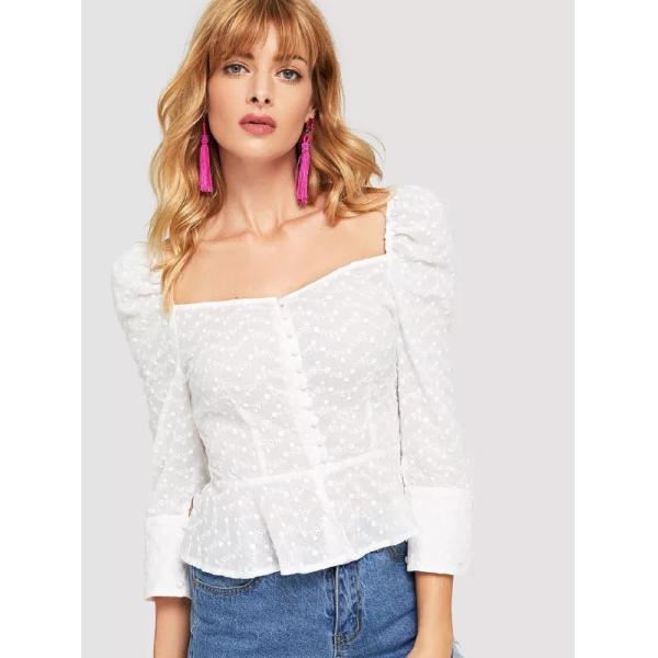 Cotton White Embroidered Button Up Puff Sleeve Women Blouses 2018 New Designs