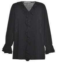 White / Black Color Fashion Ladies Blouse With Flounce In Front Placket And Sleeve End