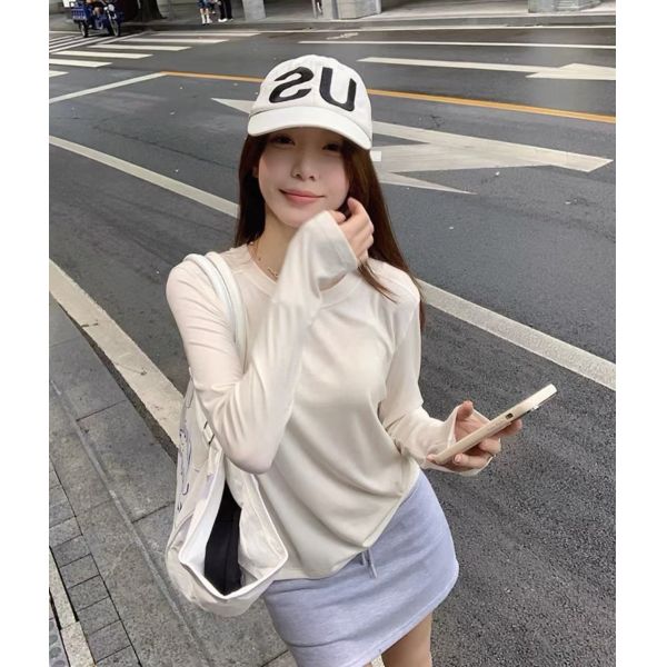Women's Slim Fit Crew Neck Long Sleeve Tee - Heather Grey/Black/White