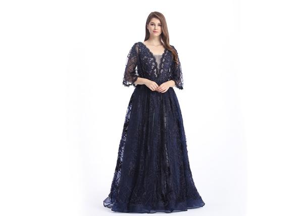 Fishtail Long Prom Party Dress Mermaid Half Sleeves Embroidered Dress