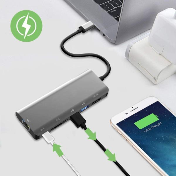 USB C Hub 6 in 1 Macbook Type C Hub With Pass-through Charging SD/Micro SD Card Reader 2 USB3.0 Ports and 4K  Slot