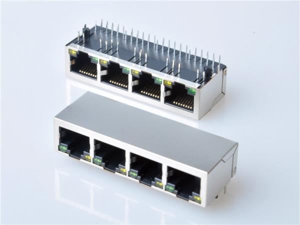 Shielded RJ45 Modular Jack Connector, Through Hole Type,  Transformer, with LED, 1x4 Ports