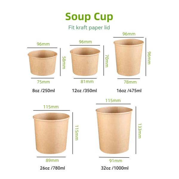 16OZ 26oz Kraft Take Away Eco Friendly Disposable Food Containers Biodegradable Soup Cups