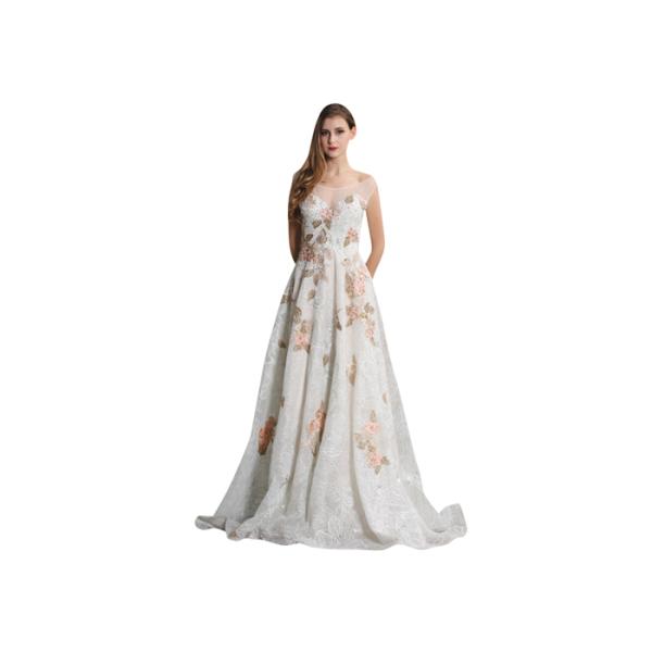 Sweep Train Embroidery Tulle Sleeveless Evening Dress With Flower Embroidery