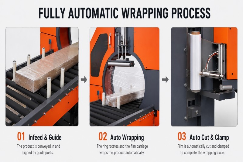380V 220V 110V Horizontal Stretch Wrapping Machine For Long Profiles Panels Pipes Building Materials 600mm