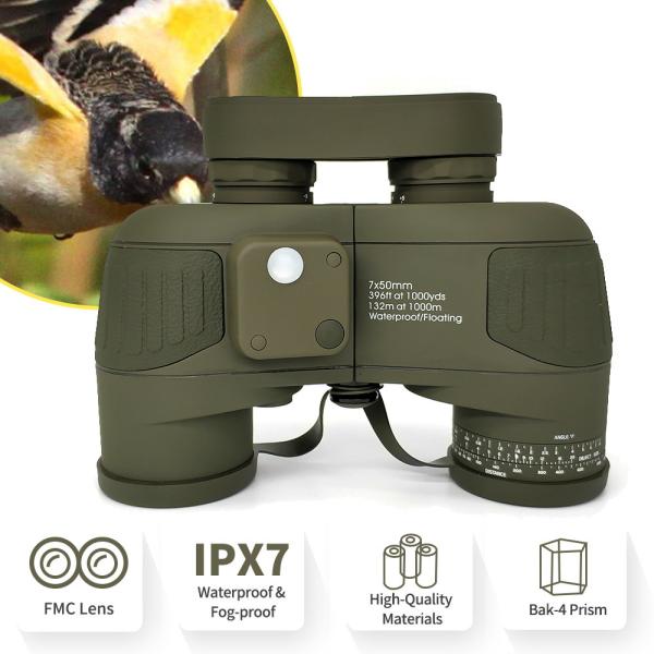 Adults Marine Military 20x50 Binoculars Waterproof With Rangefinder Compass BAK4 Prism FMC Lens