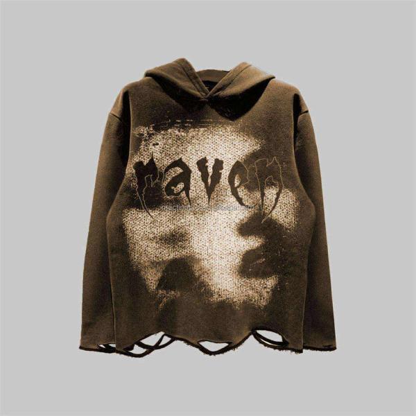 Dtg Pullover Hoodie Acid Wash Distressed Ripped Raw Hem Crop Hoodie Men Needle Detection Fabric 500grams