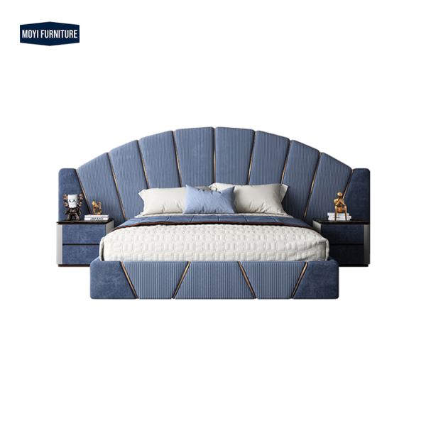 Velvet Upholstered Italian Light Luxury King Size Bed Double Bed Set Modern Blue Leather Bedroom Furniture Elegant Style