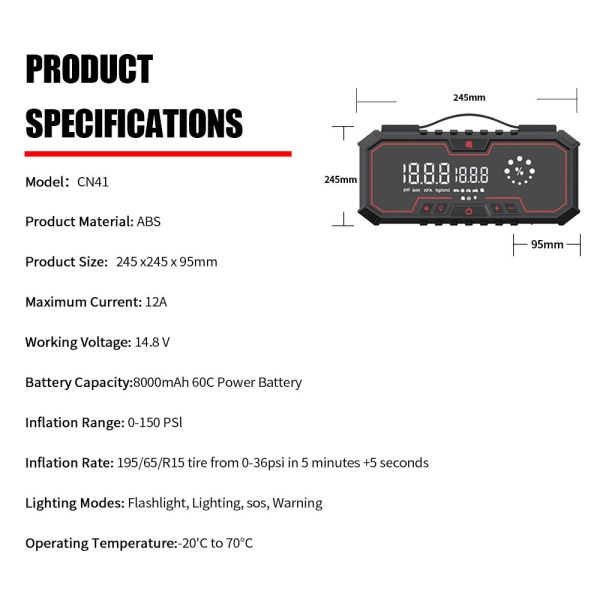 12V USB Interface Auto Jump Starters Portable Car Tire Pump 8000mAh Air Compressor Emergency Vehicle Jump Starter