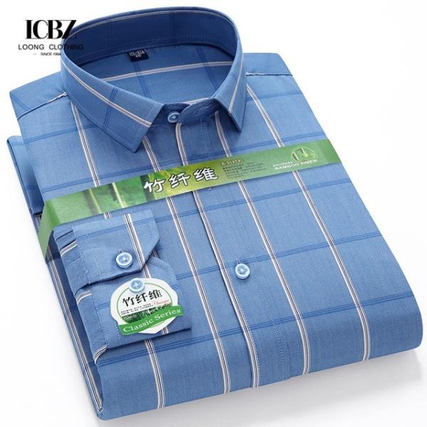 Men's Plaid Stripe Bamboo Business Casual Anti-Wrinkle Shirt Covered Button Closure