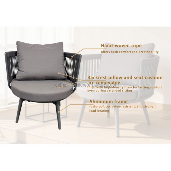 Yoshen Modern Outdoor Arm Chair with Handwoven Rope Seat and Aluminum Frame