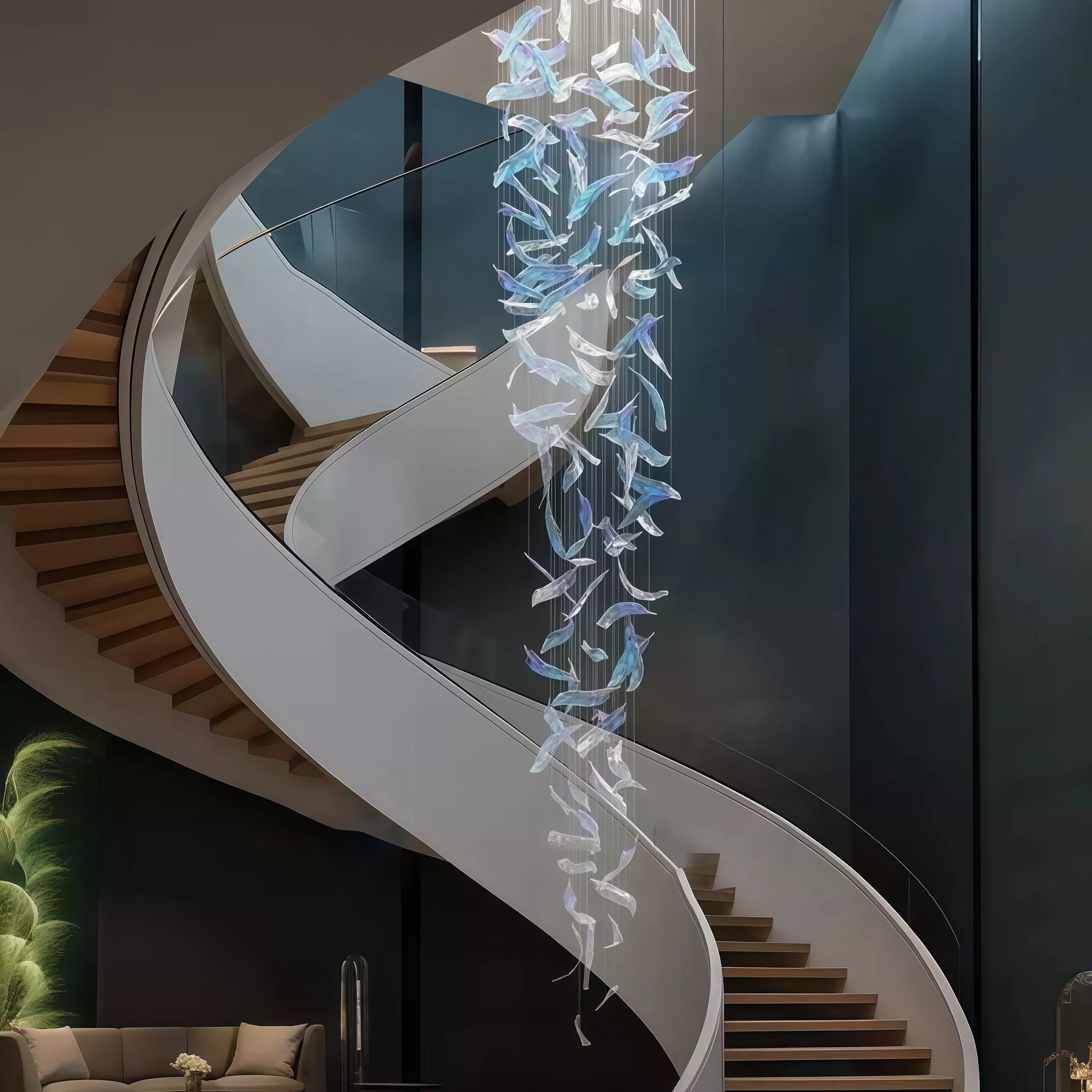 JYLIGHTING Artistic Feather Glass Custom Chandelier, Tall Vertical Suspension Lighting for High Ceiling Villa Stairwell and Lobby Interior Decoration