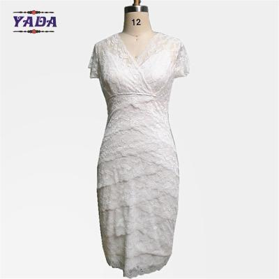 Moda renda V-collar manga curta elegantes mulheres senhoras vestido branco para mulher madura