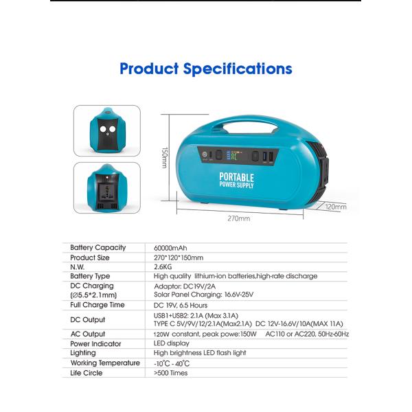 Наружная портативная электростанция 222Wh Солнечное энергоснабжение 110В / 220В