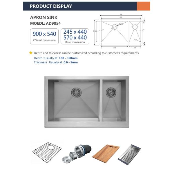 90x54 Apron Stainless Steel Kitchen Sink 36' Cabinet 16 Brushed 70 30 Double Bowl